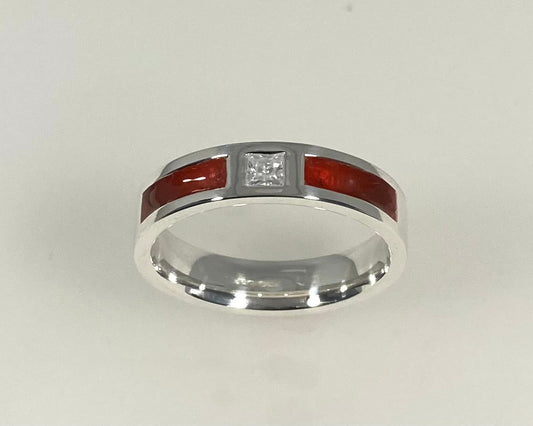Princess cut stone set in rub over 5mm wide flat Tribute ring with Diamond dust in resin