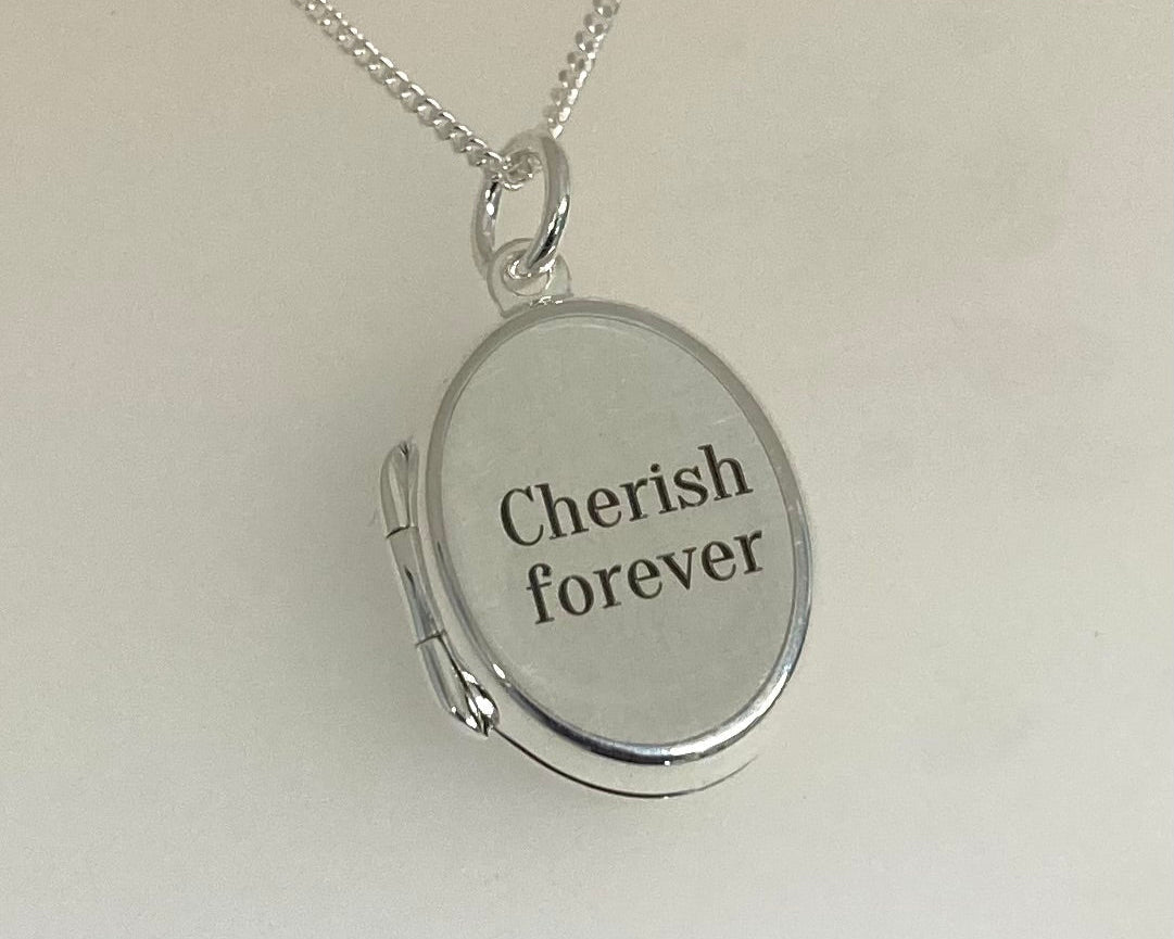 Oval Stirling Silver locket Cherish forever engraved with ashes mixed with resin plus chain