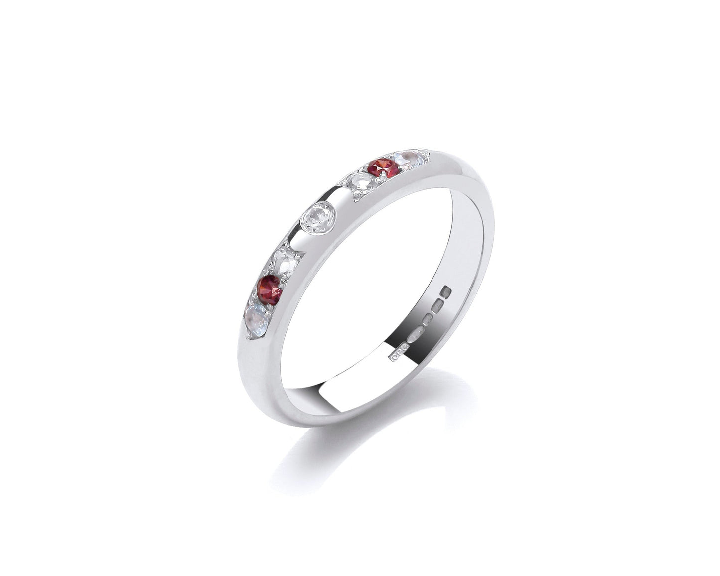 Delicate diamonds and ruby set 3mm wide D-shaped ring with hidden ashes inside shank