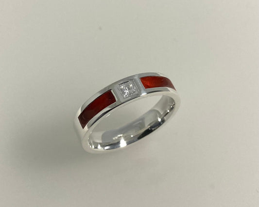 Princess cut stone set in rub over 5mm wide flat Tribute ring with Diamond dust in resin