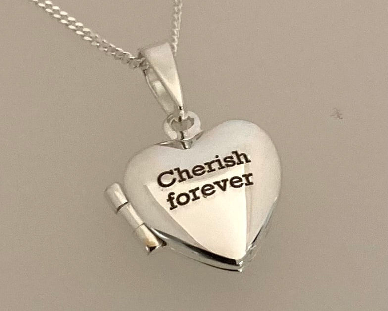 Small Heart Stirling Silver locket Cherish forever engraved with ashes mixed with resin plus chain
