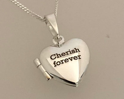 Small Heart Stirling Silver locket Cherish forever engraved with ashes mixed with resin plus chain