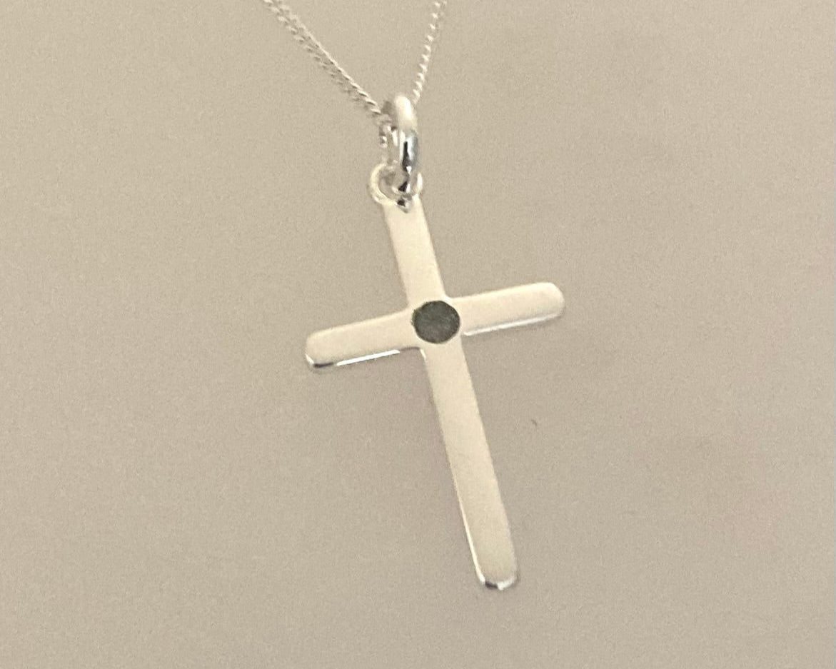 Small Stirling silver cross and chain with Ashes in resin