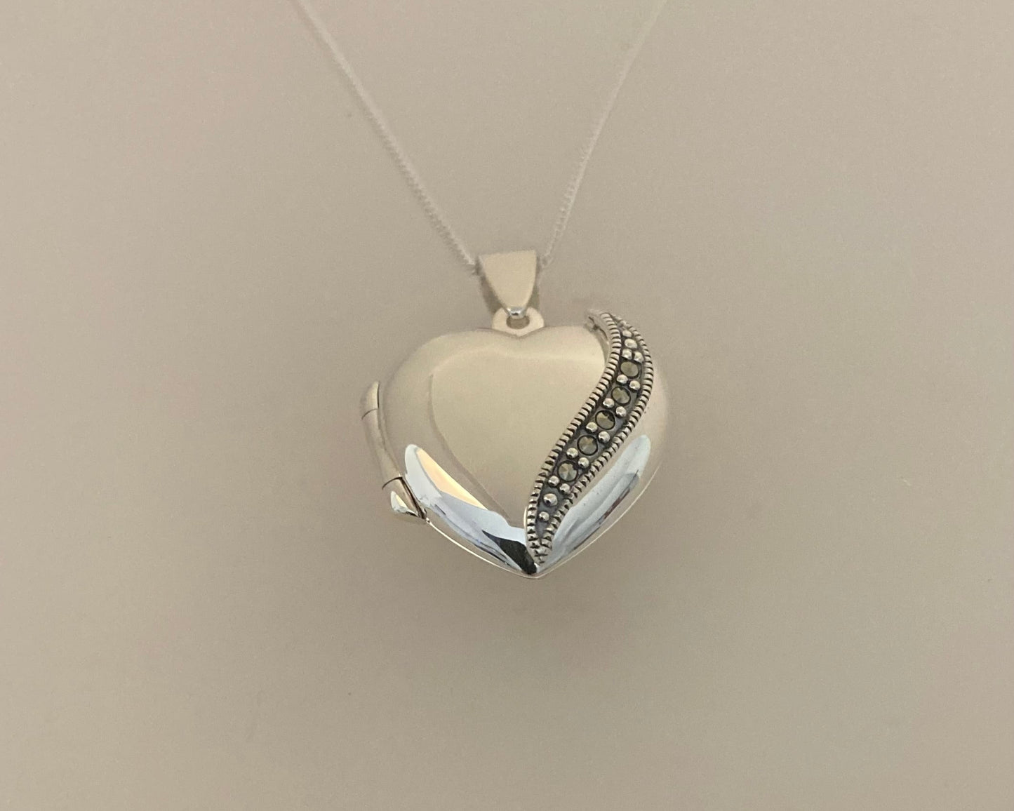 Large marcasite Stirling Silver locket with ashes mixed with resin plus chain