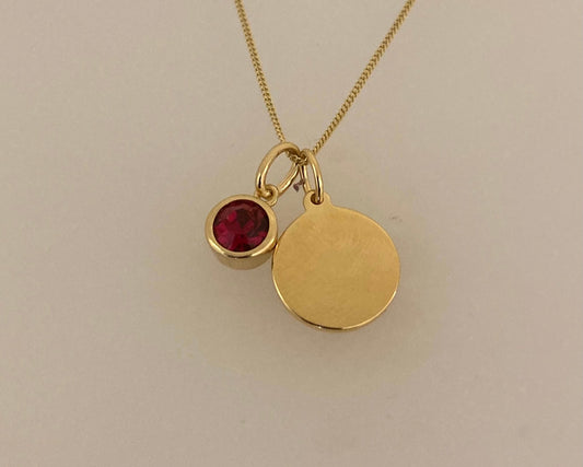 Gold plate over silver Pendant drop and disc with ashes sealed under birthstone plus chain