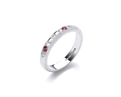 Delicate diamonds and ruby set 3mm wide D-shaped ring with hidden ashes inside shank