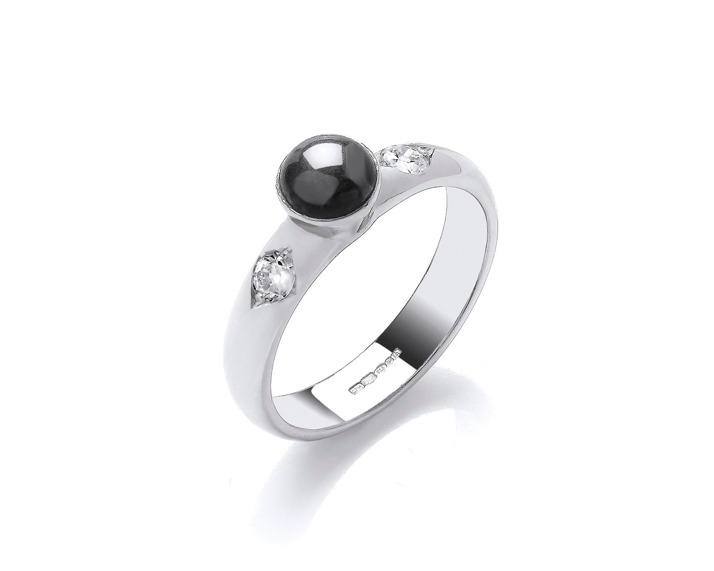 Cabochon hematite high setting in rub over 4mm wide D-shape shank with 2 Brilliant cut stones in eye setting Ashes held behind centre stone